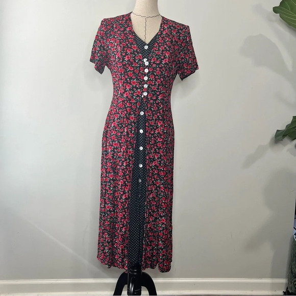 MSK vintage floral Polk dot rose button down midi dress size 6P cottagecore - Picture 1 of 10